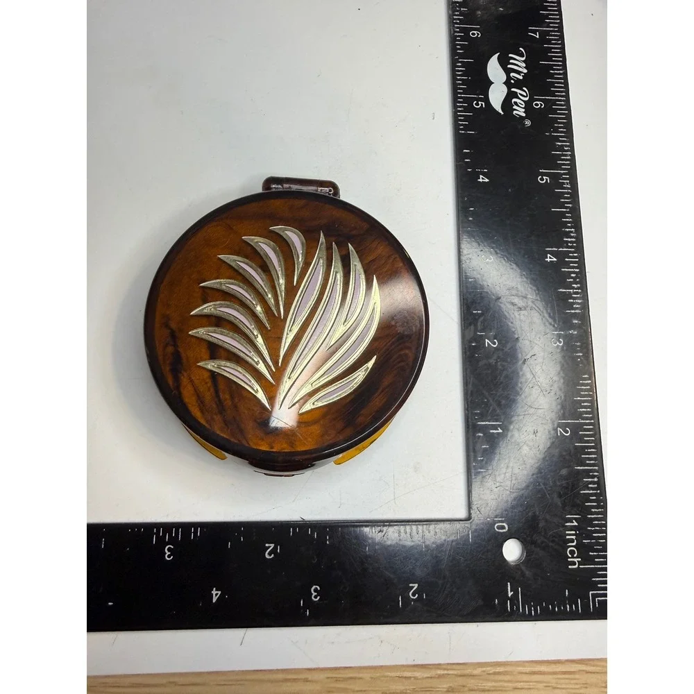 Vintage CornSilk Faux Tortoise Shell Pressed Powder Compact Gold Leaf Inlay